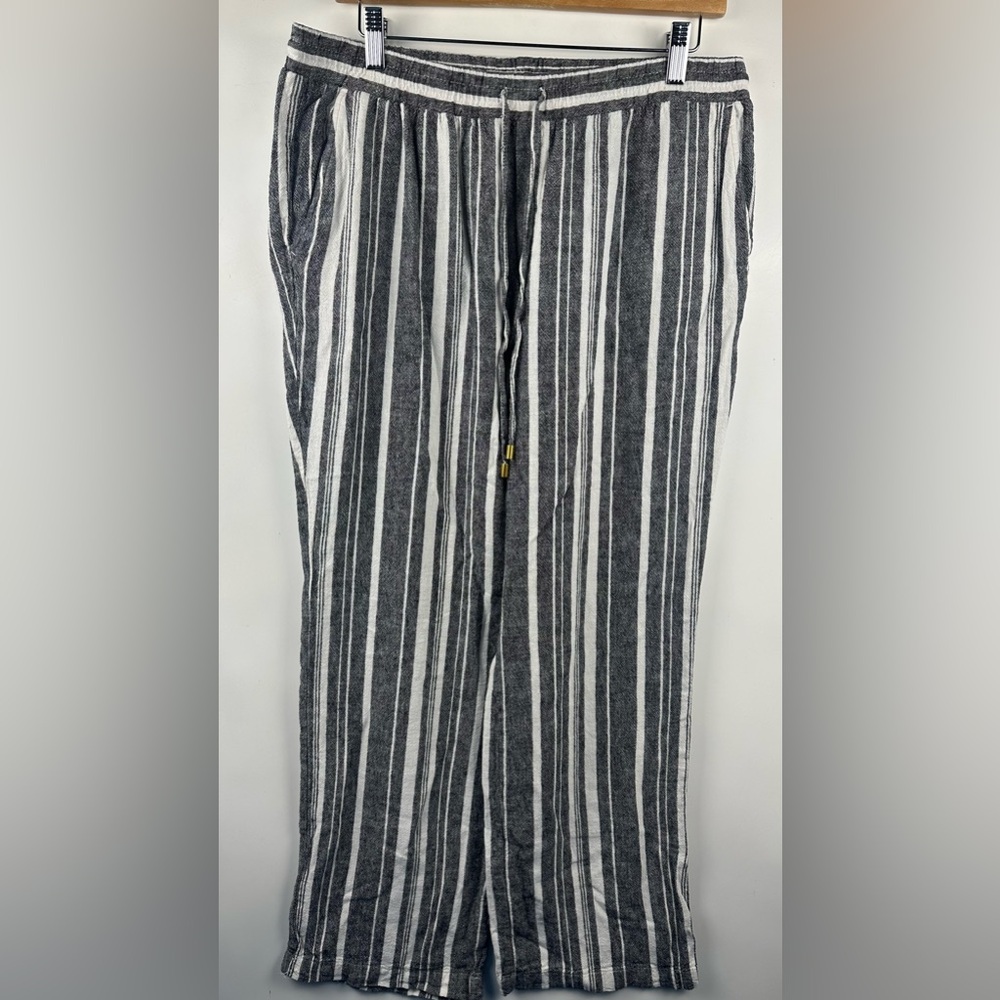 Ellen Tracy Women's Size L Linen Blend Wide Leg Drawstring Pants Stripped White